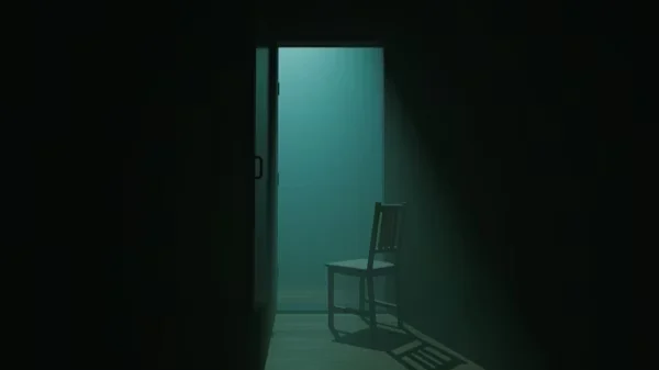 Dark minimalist room with turquoise walls, open door, and single wooden chair visible through doorway